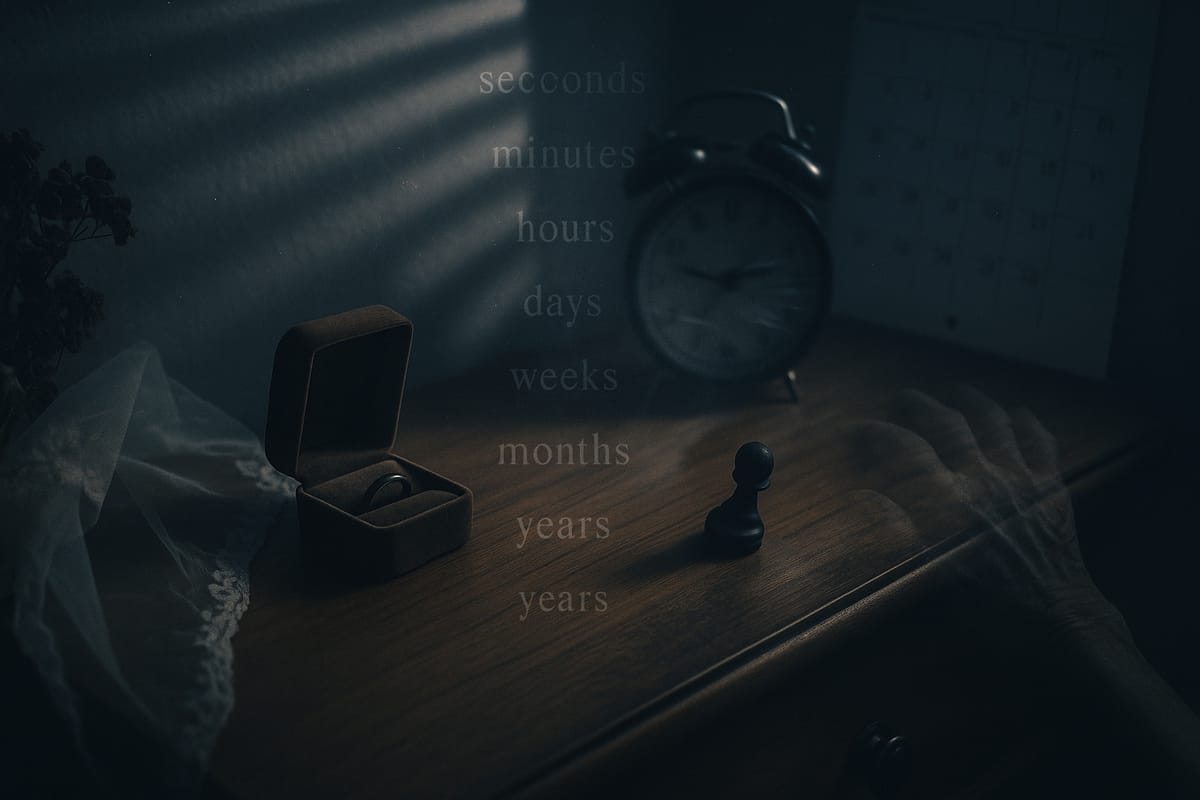 A veil, ring in a ring box, pawn, and ghostly hand. Measurements of time are written vertically and centered.