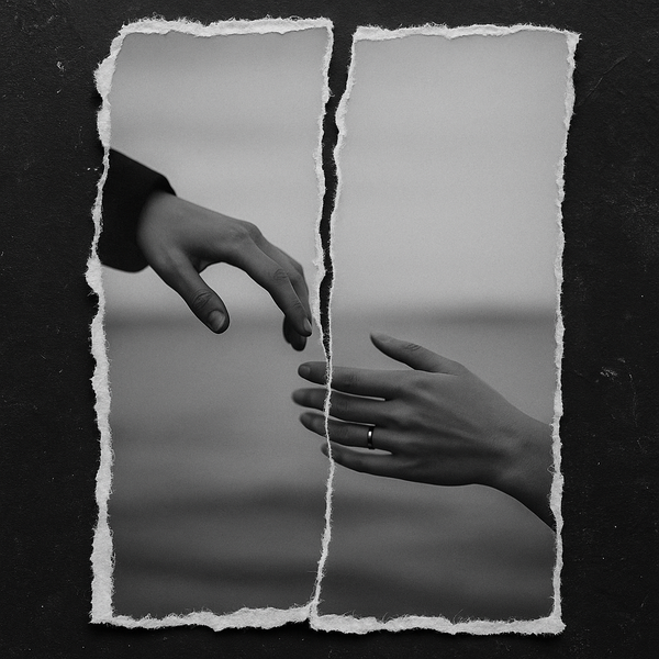An AI photo of a torn photograph with two hands reaching for each other
